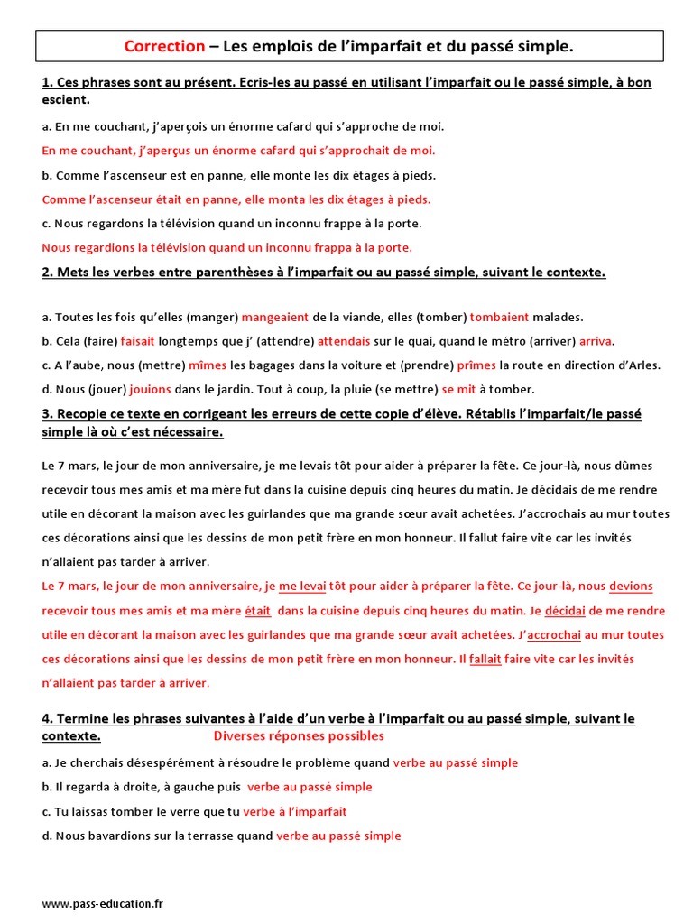 Exercices Imparfait Cm2 à Imprimer Correction Imparfait Passé Simple 6ème Contrôle Avec Le Corrigé | PDF