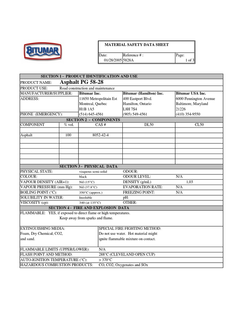 Asphalt PG 58-28: Material Safety Data Sheet | PDF | Nitrogen ...