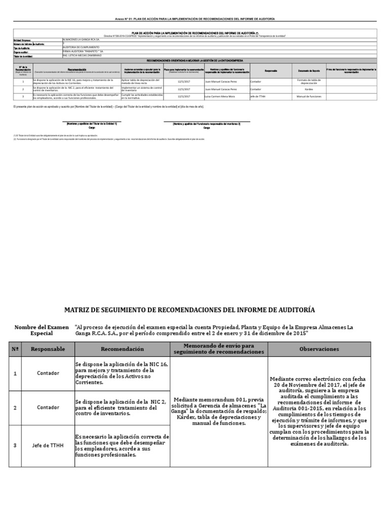 Anexo N° 01: Plan De Acción Para La Implementación De Recomendaciones ...