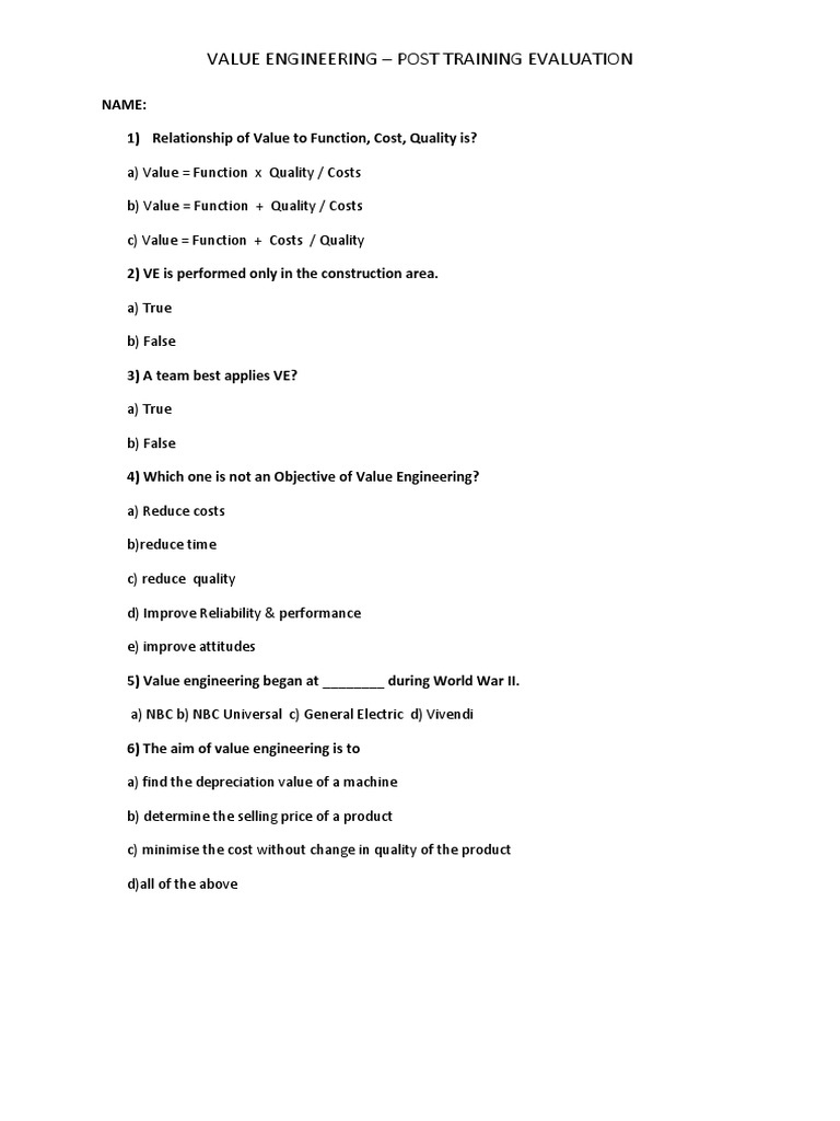 Value Engineering - Post Training Evaluation | PDF