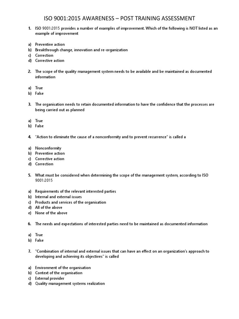 ISO 9001 Post Training Assessment | PDF