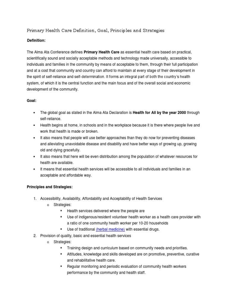 Primary Health Care Goal, Principles, Strategies PDF Public