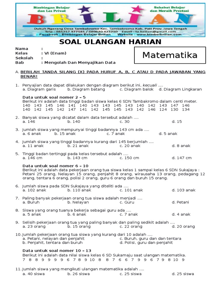 Soal Matematika Kelas 6 SD Bab 4 Pengolahan Dan Penyajian