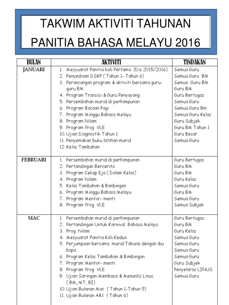 Takwim Panitia Bahasa Melayu | PDF