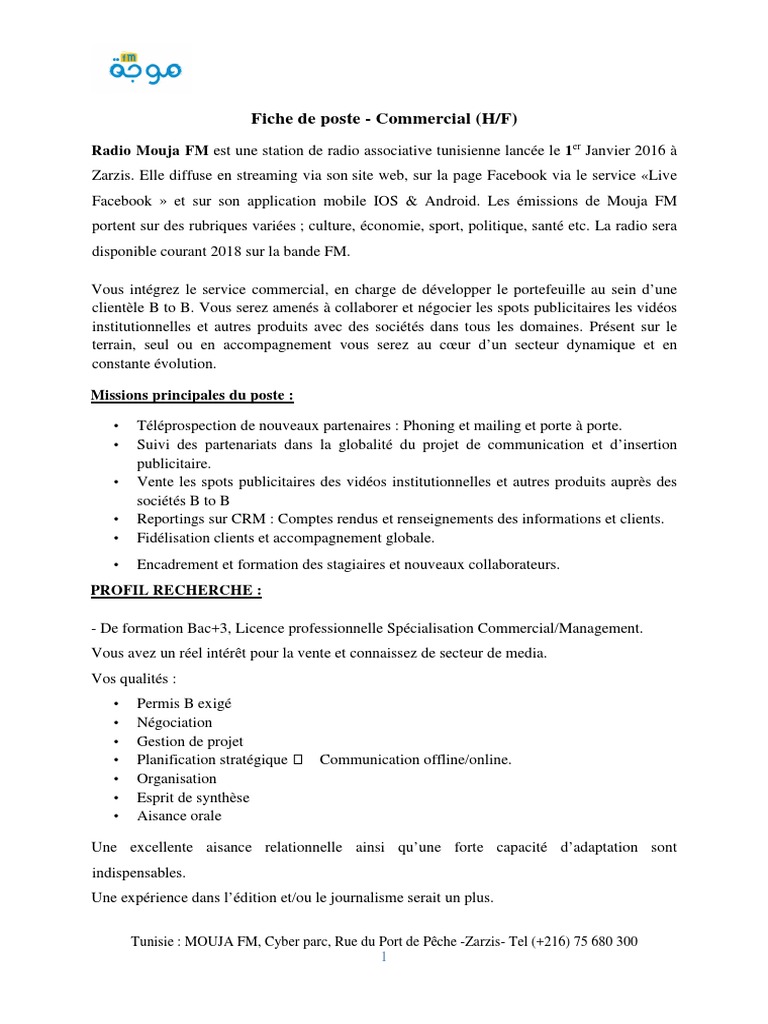 Fiche de Poste Commercial Mouja | PDF | Finance et gestion monétaire