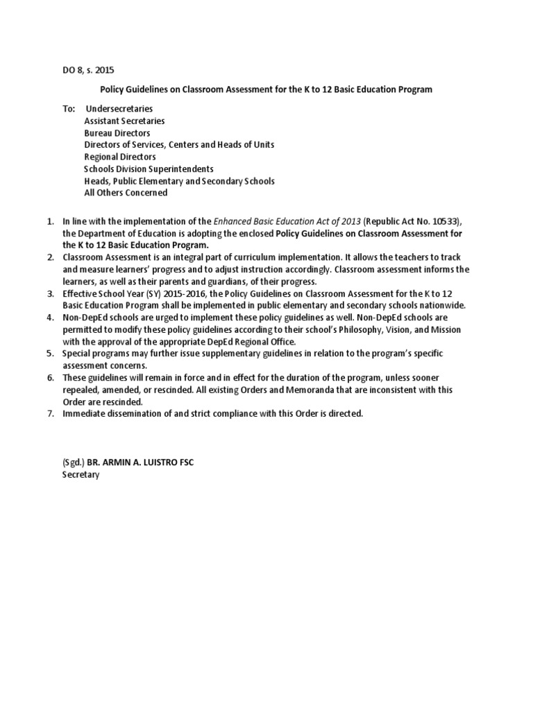 Policy Guidelines On Classroom Assessment For The K To 12 Basic ...
