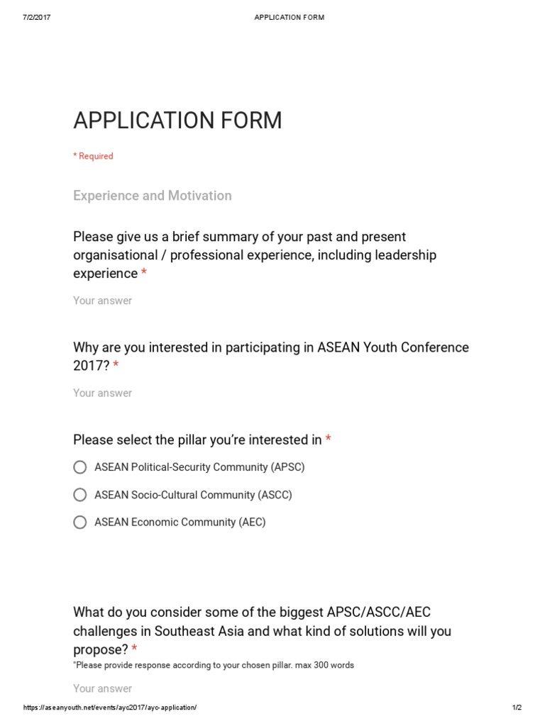 ASEAN Youth Conference 2017 Application | PDF | Career & Growth | Business