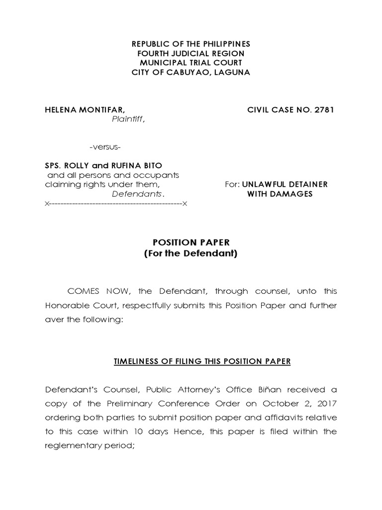 Position Paper for Ejectment Case | PDF | Easement | Eviction