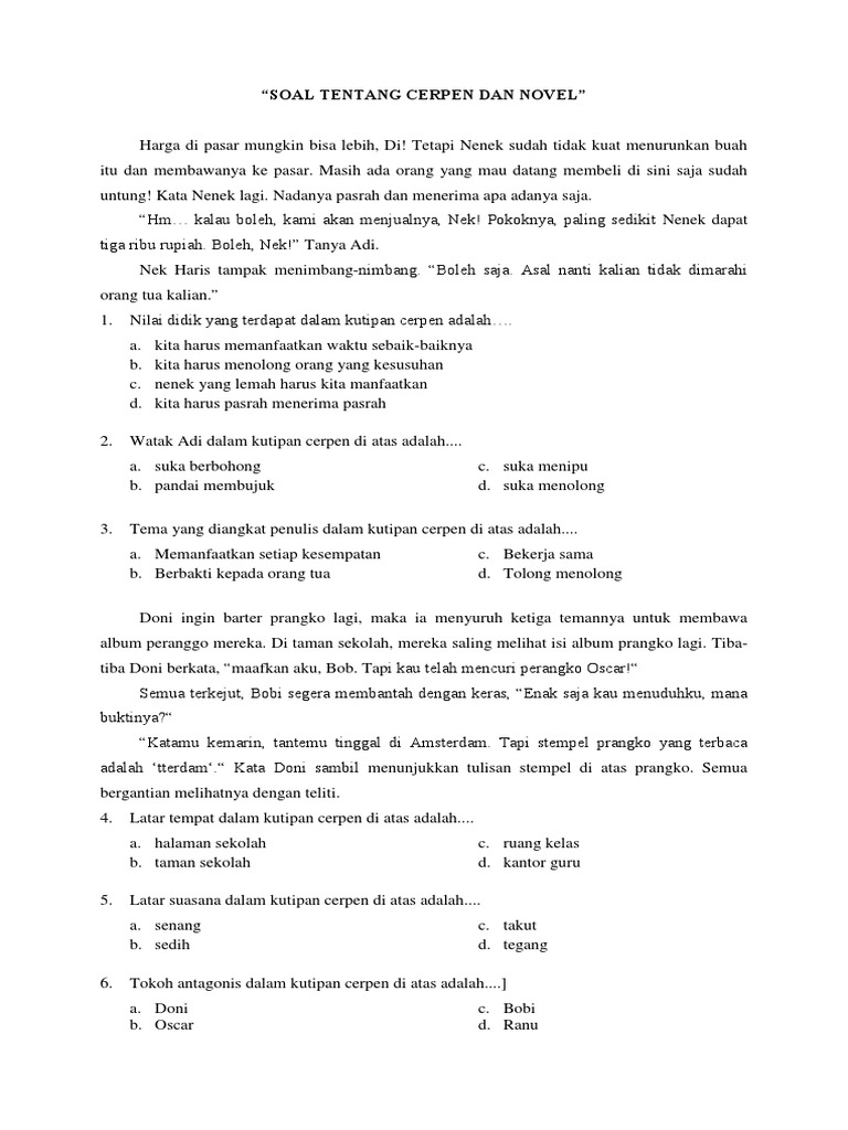 Soal Tentang Cerpen Dan Novel