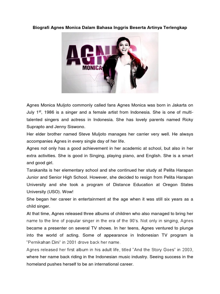 Biografi Agnes Monica Dalam Bahasa Inggris Dan Terjemahan