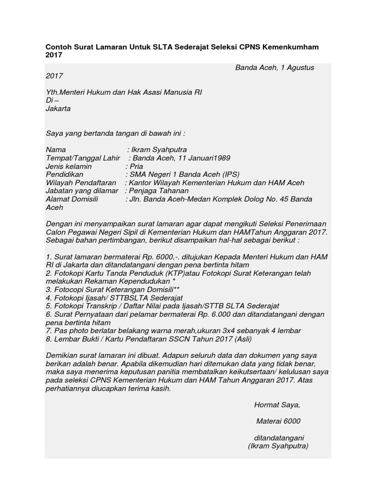 Contoh Surat Lamaran Ditujukan Kepada Menteri Hukum Dan ...