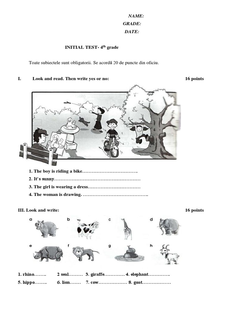 4th Grade Initial Test Template | PDF