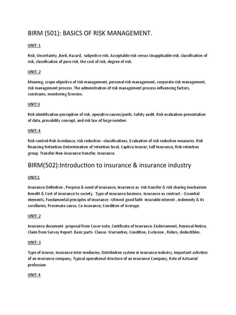 Birm (501) : Basics of Risk Management | PDF | Insurance | Risk