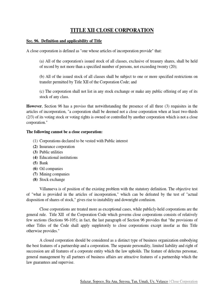 Title Xii Close Corporation Salazar Sopoco Sta Ana Suyosa Tan