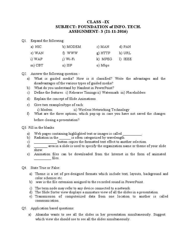 Class IX IT Assignment on Networking & PowerPoint | PDF ...