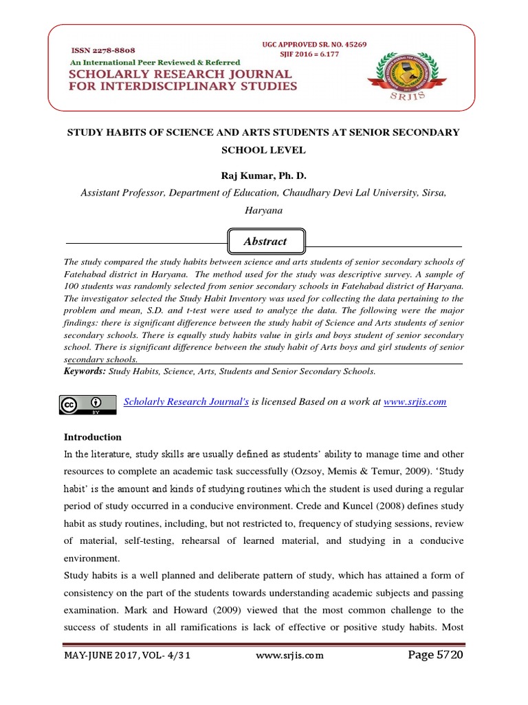 Study Habits of Senior Secondary Students | PDF | Standard Deviation | Mean