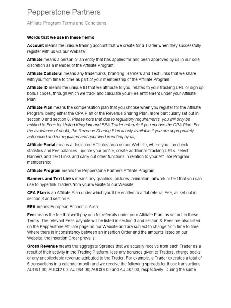 Pepperstone Partners Affiliate Program Terms and Conditions