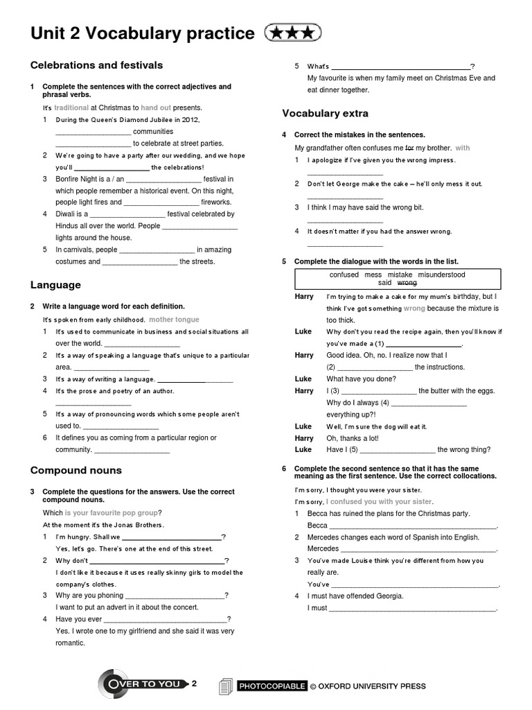 Unit 2 Vocabulary Practice: Celebrations and Festivals | PDF ...