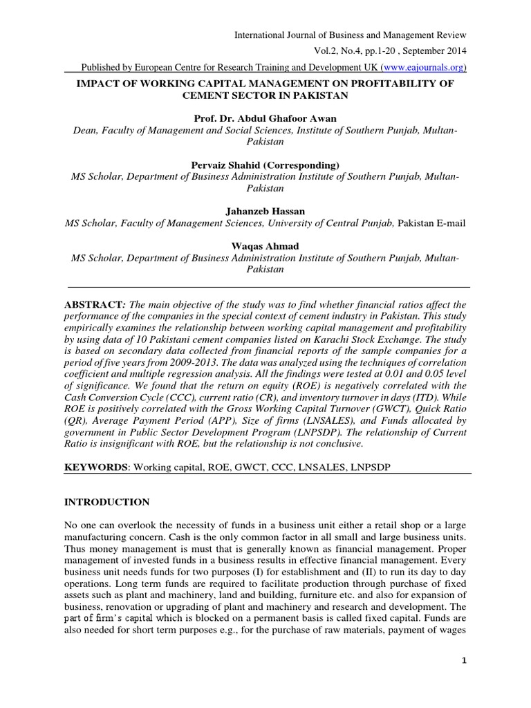 Impact of Working Capital Management On Profitability of PDF | PDF ...