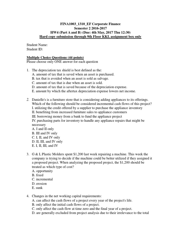 Corporate Finance Homework Questions | PDF | Cost Of Capital | Internal ...