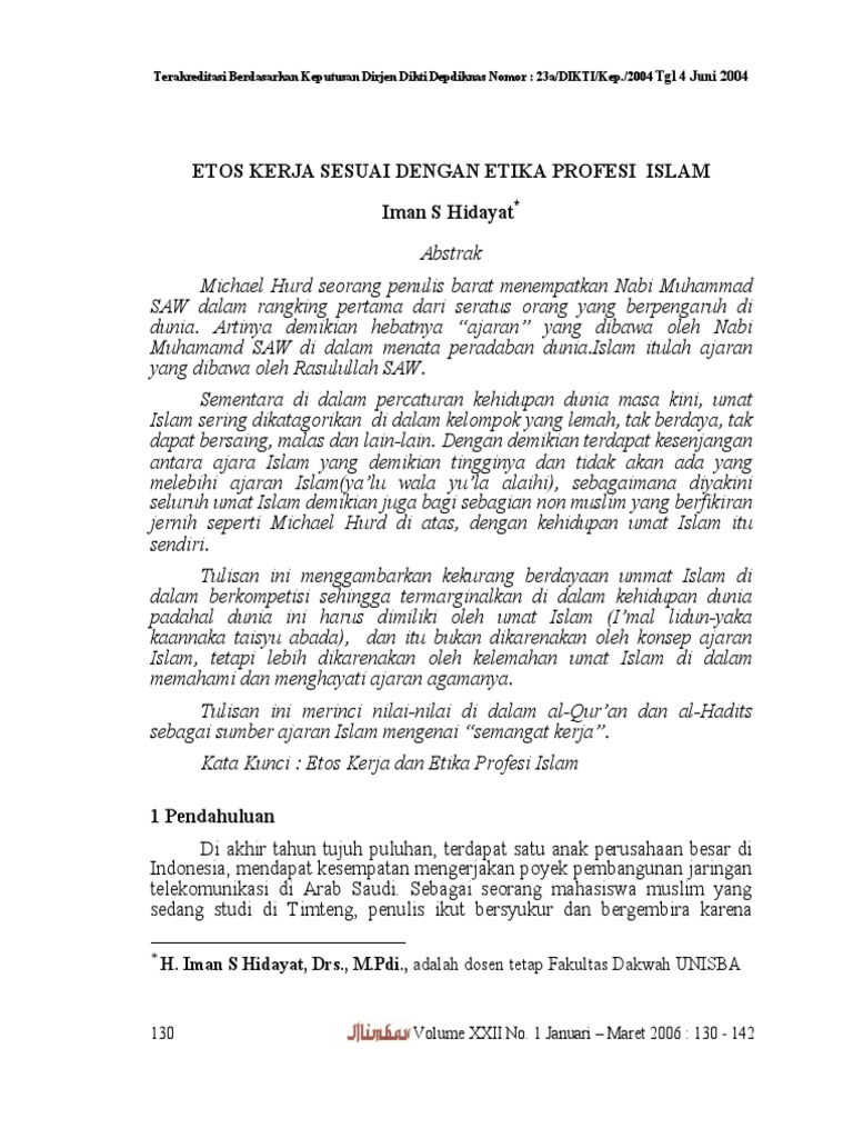 Etos Kerja Sesuai Etika Profesi Islam Etos Kerja Sesuai Etika Profesi Islam