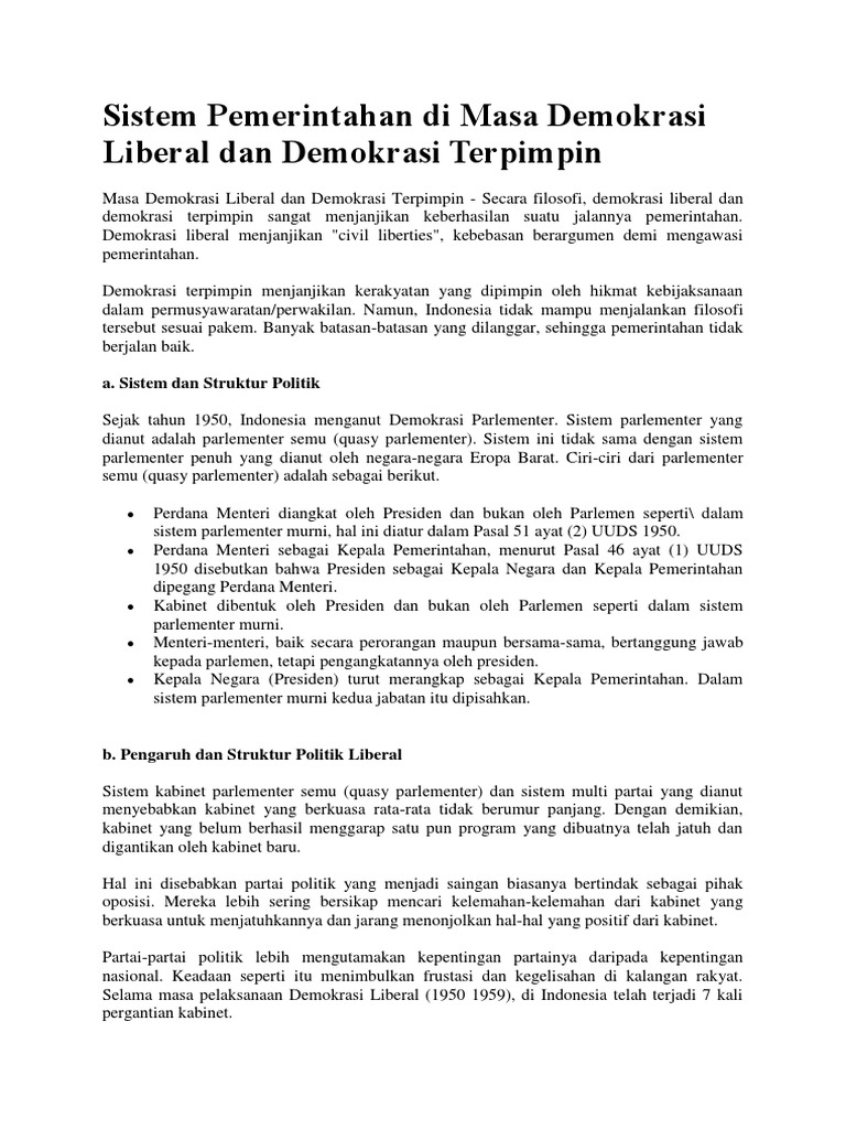 Sistem Pemerintahan Di Masa Demokrasi Liberal Dan Demokrasi Terpimpin