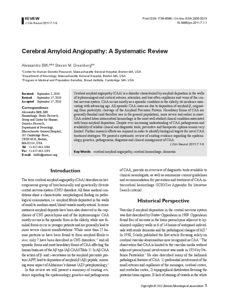 Cerebral Amyloid Angiopathy A Systematic Review 2011 | PDF | Amyloid ...