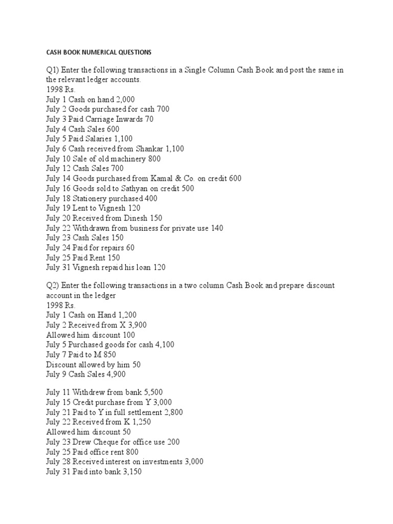 Cash Book Numerical Practice Questions | PDF