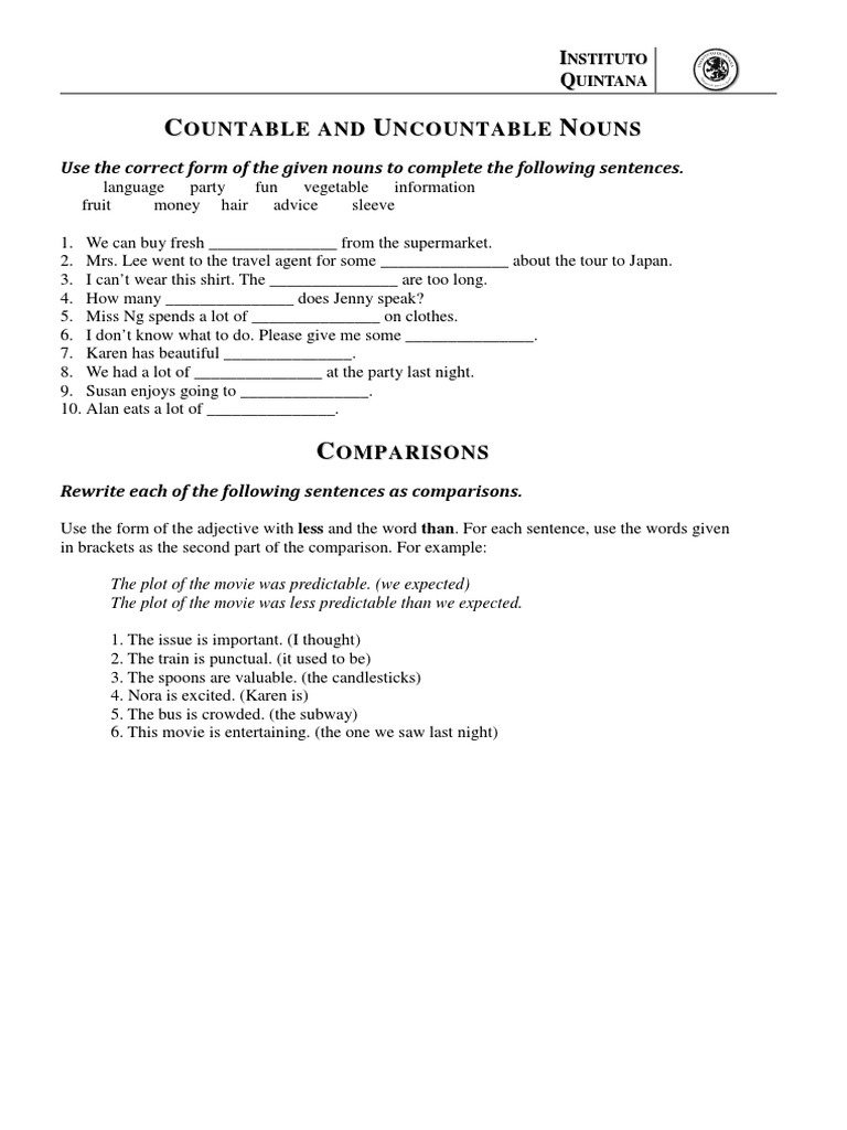 Countable vs Uncountable Nouns Exercises | PDF | Self-Improvement