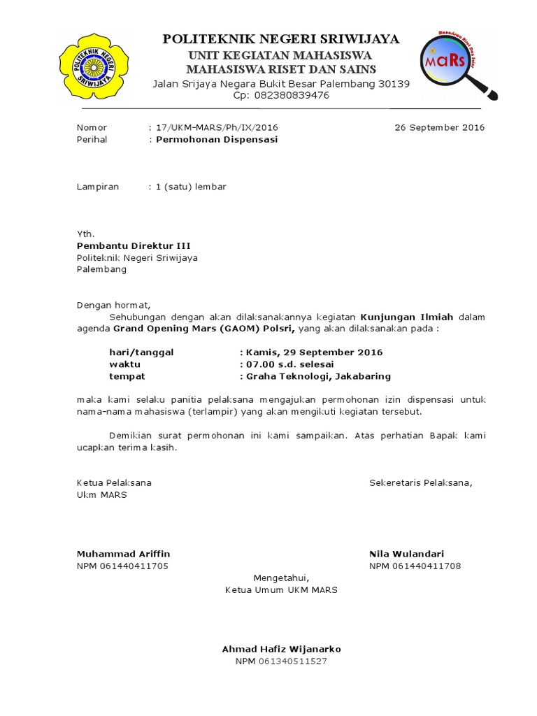 Surat Permohonan Dispensasi