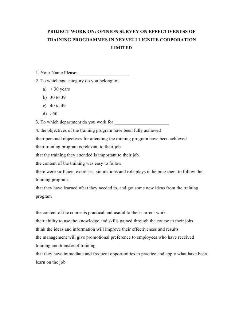 Neyveli Lignite Training Program Survey | PDF