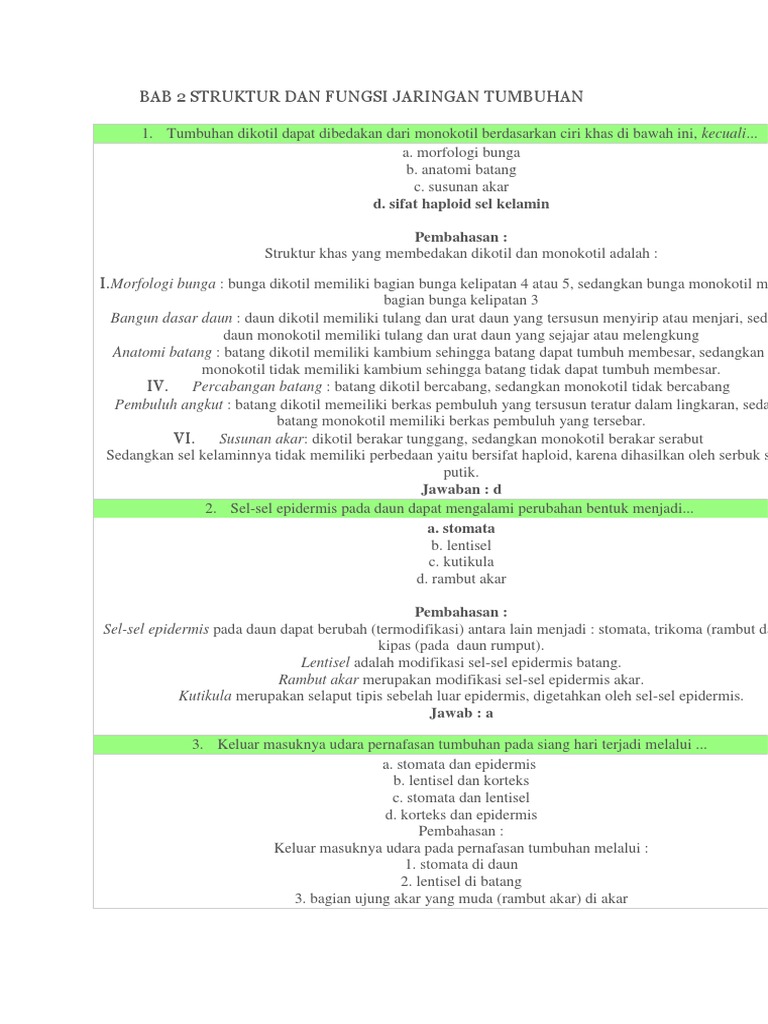 Soal Bab 2 Struktur Dan Fungsi Jaringan Tumbuhan