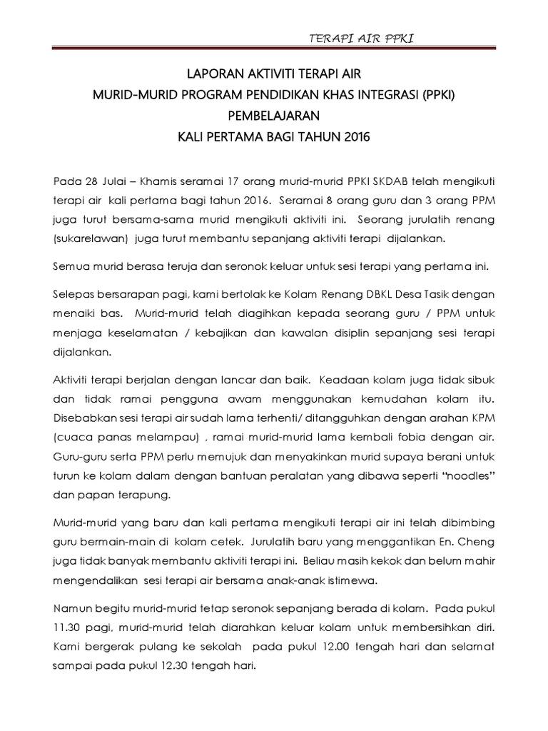 Laporan Aktiviti Terapi Air Pdf