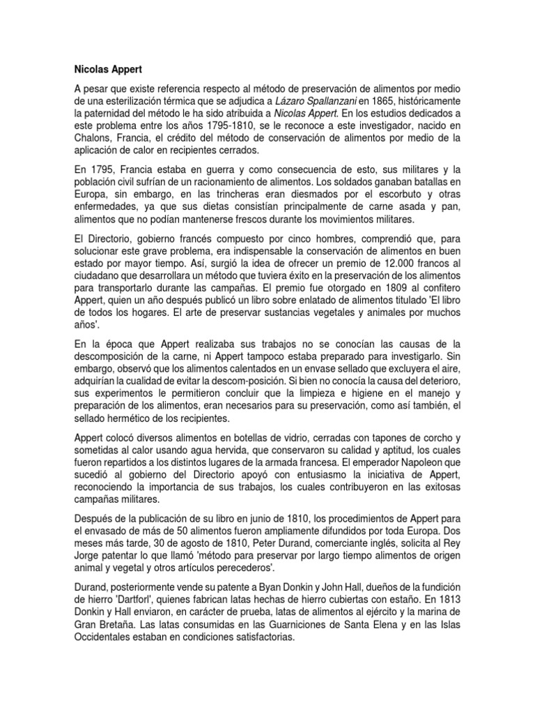 Nicolás Appert y la conservación de alimentos | PDF | Envase | Alimentos