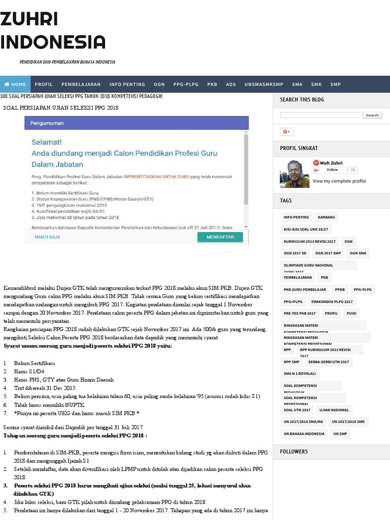 100 Soal Persiapan Ujian Seleksi Ppg Tahun 2018 Kompetensi Pedagogik Zuhri Indonesia