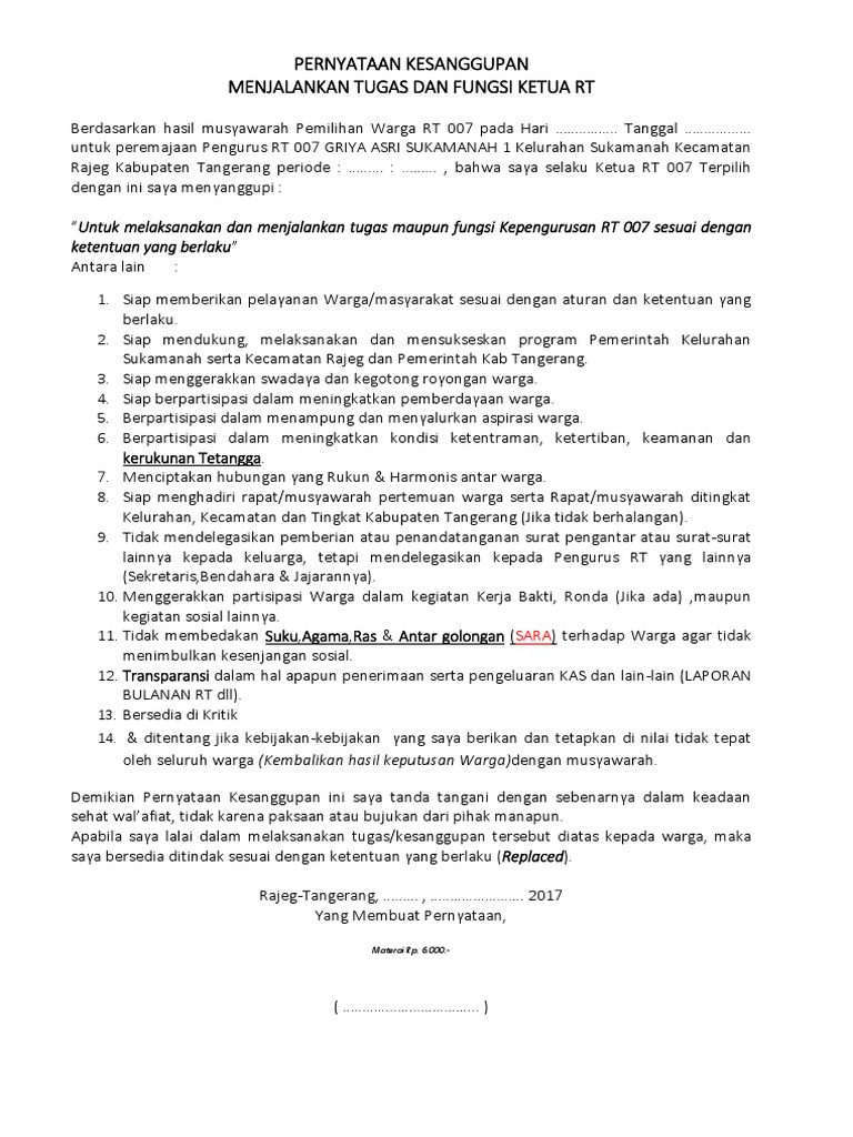 Pernyataan Kesanggupan Rt