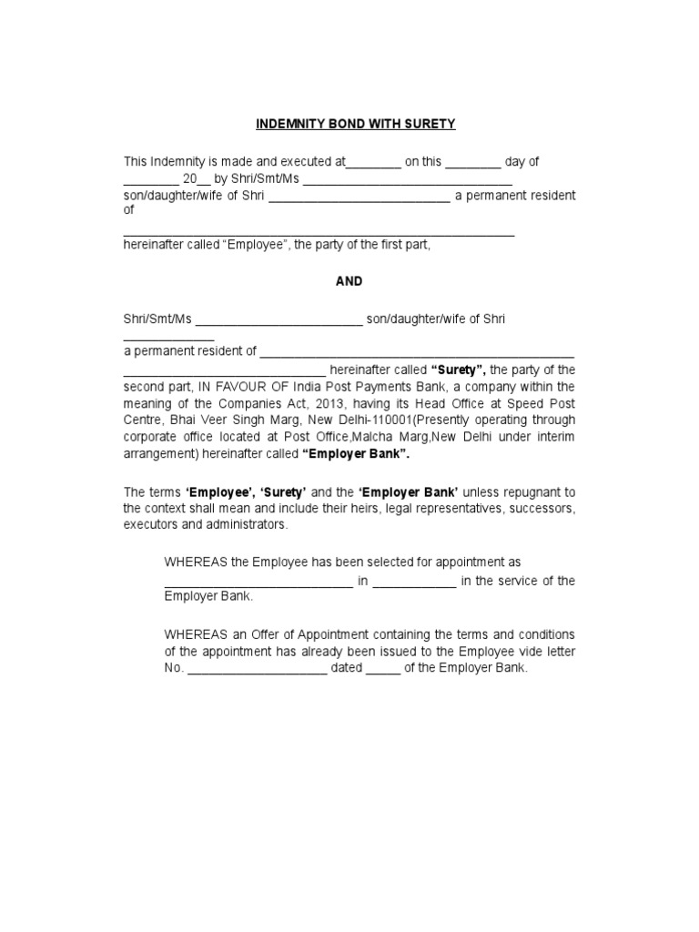 Indemnity Bond 1 Indemnity Breach Of Contract