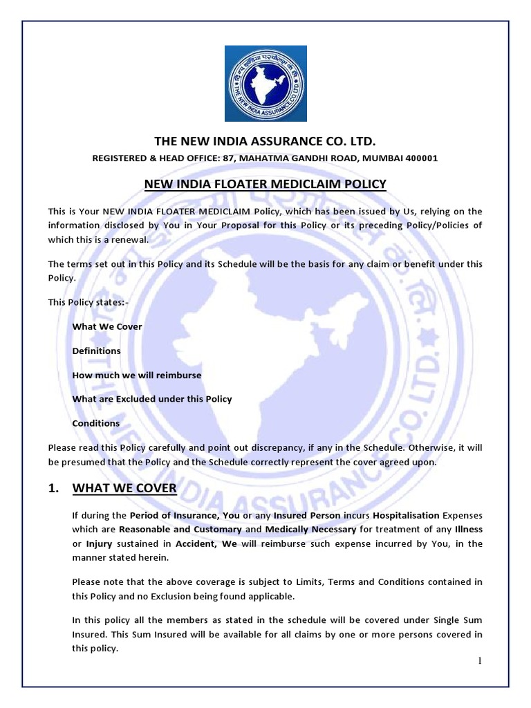 New India Assurance Family Floater Mediclaim Policy Wordings