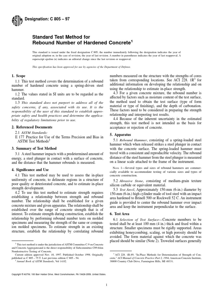 ASTM C805-97 Standard Test Method For Rebound Number of Hardened ...
