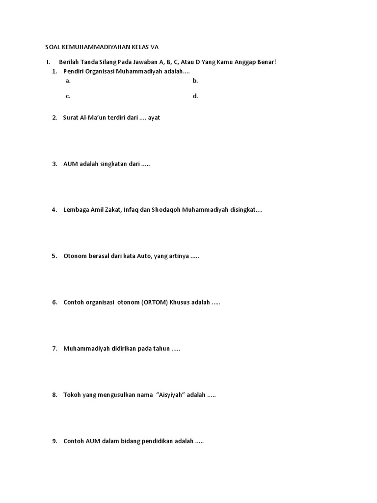 Soal Kemuhammadiyahan Kelas Va