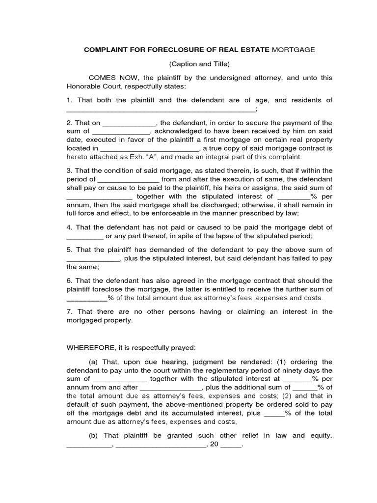 Complaint For Foreclosure of Real Estate Mortgage | PDF | Mortgage Law ...