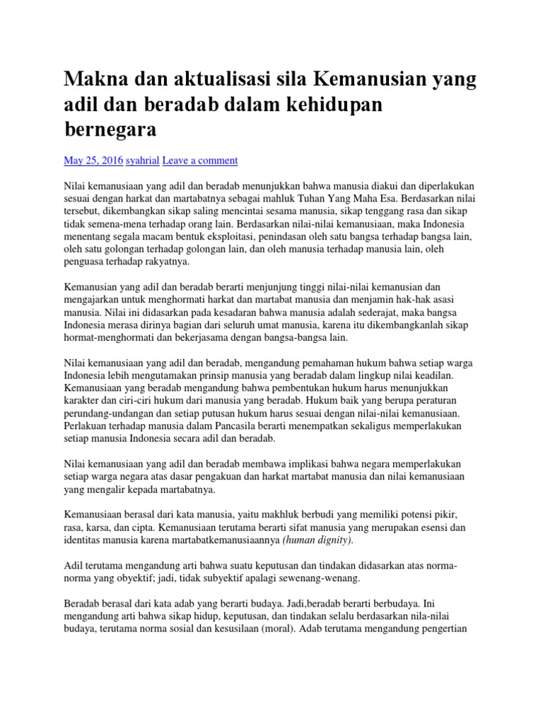 Makna Dan Aktualisasi Sila Kemanusian Yang Adil Dan Beradab Dalam Kehidupan Bernegara