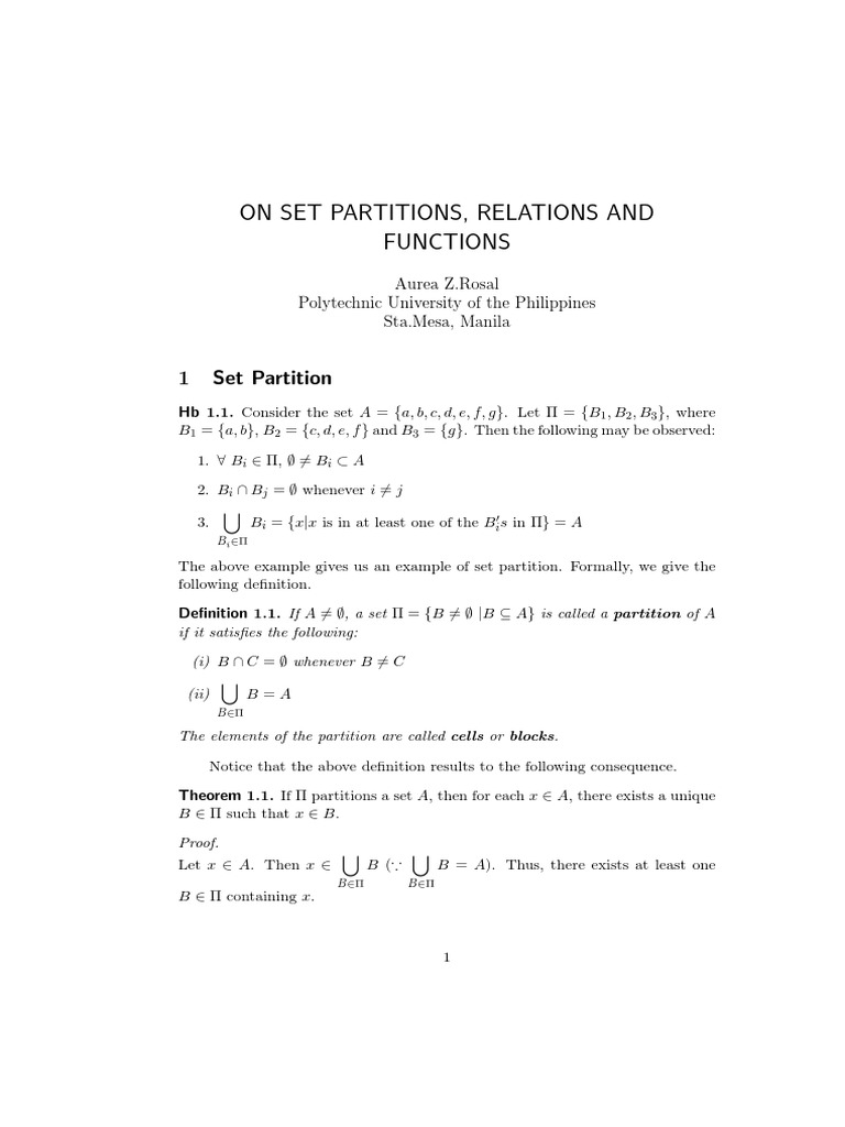 On Set Partitions, Relations and Functions PDF Function