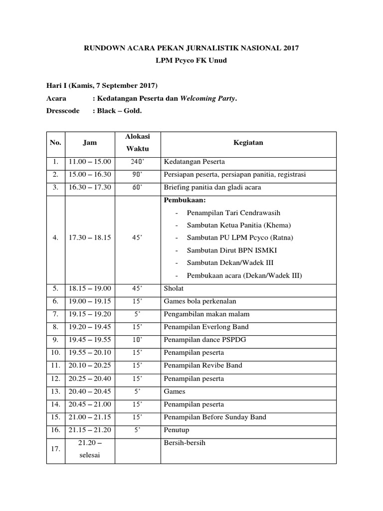Rundown Acara Pekan Jurnalistik 2017 | PDF