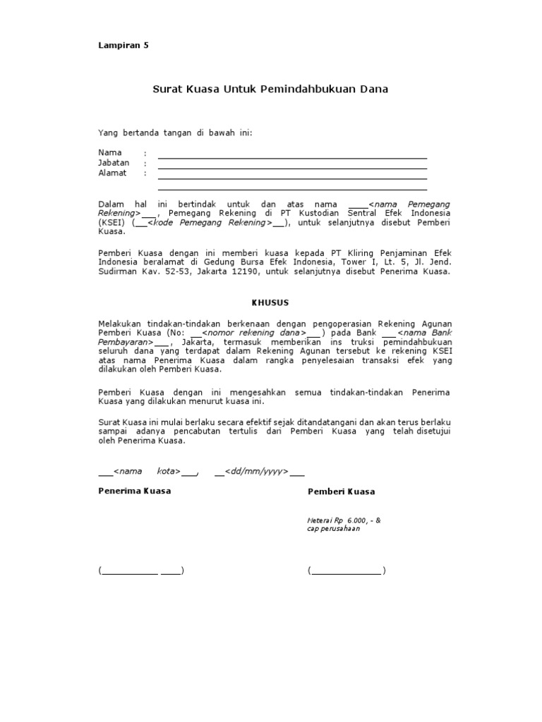 Contoh Lampiran Surat Kuasa Pemindahan Dana  PDF