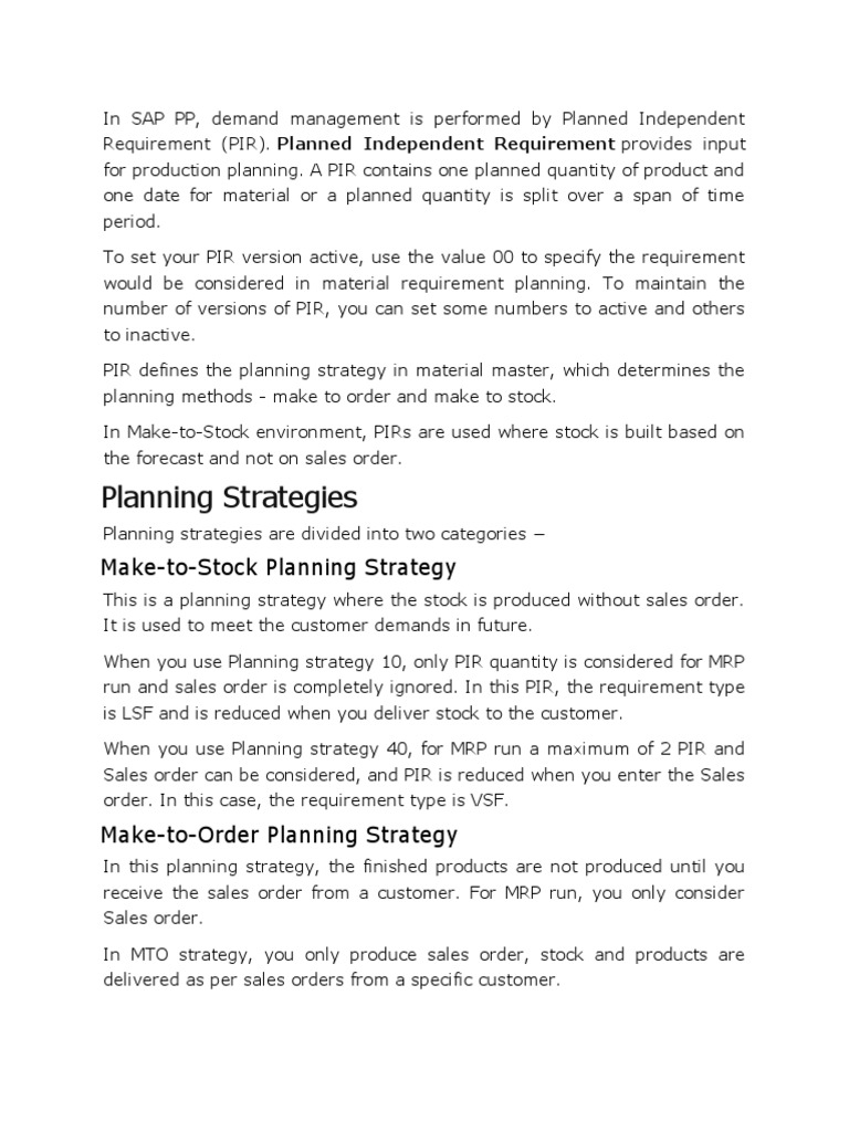 Planning Strategies: Make-to-Stock Planning Strategy | PDF