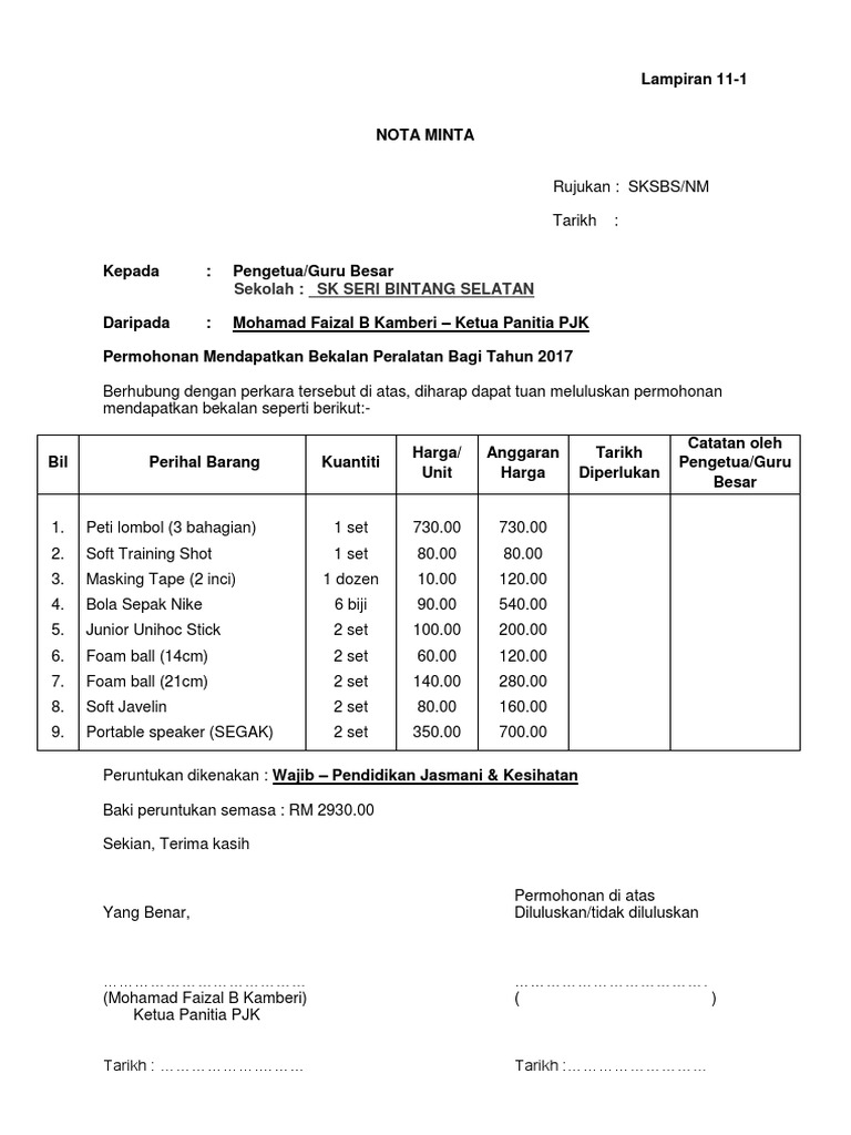 Nota Minta PJK | PDF