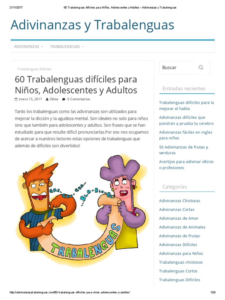 60 Trabalenguas Difíciles Para Niños, Adolescentes y