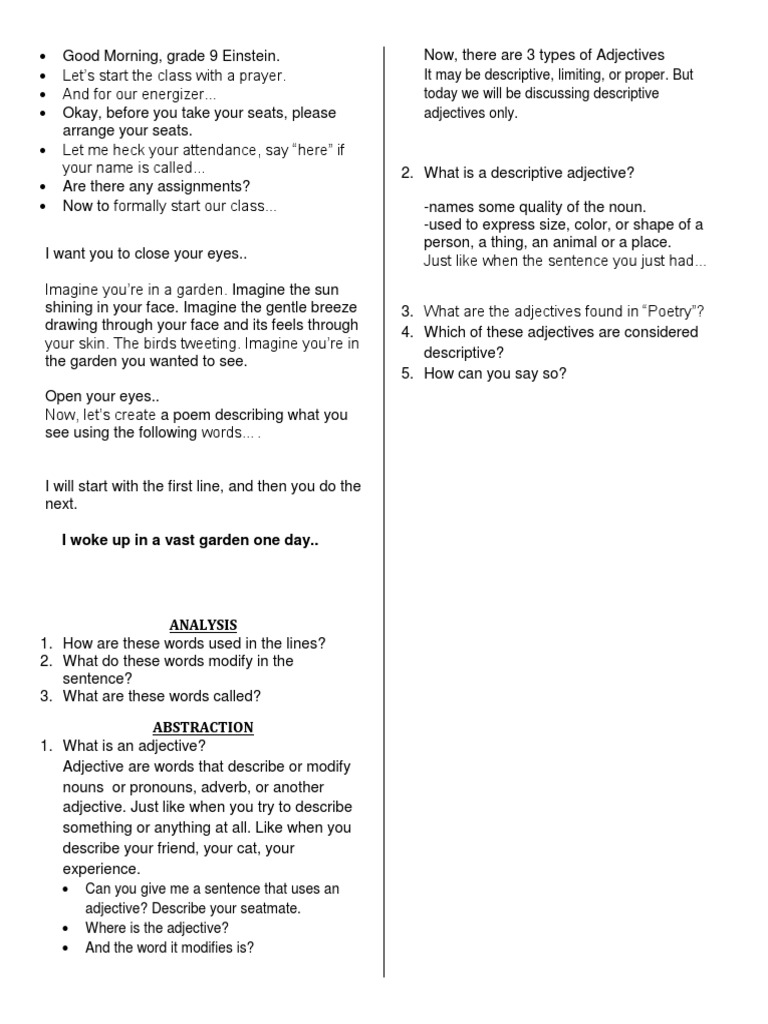 Grade 9 Adjective Poetry Lesson Plan | PDF