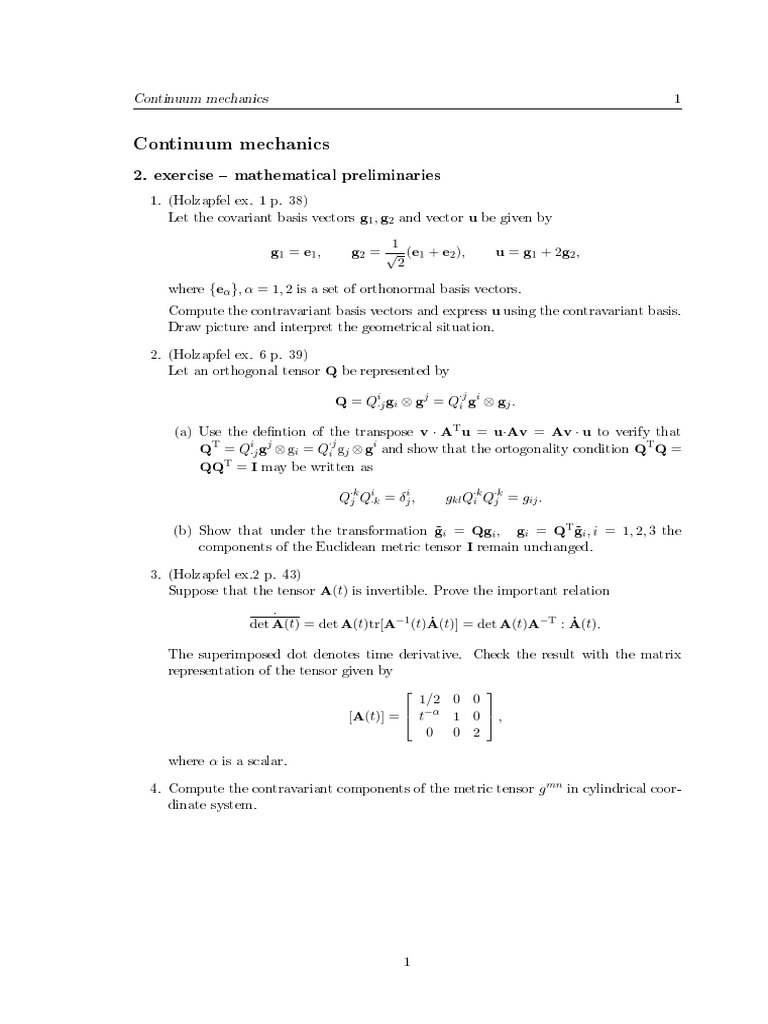 Continuum Mechanics: 2. Exercise Mathematical Preliminaries | PDF